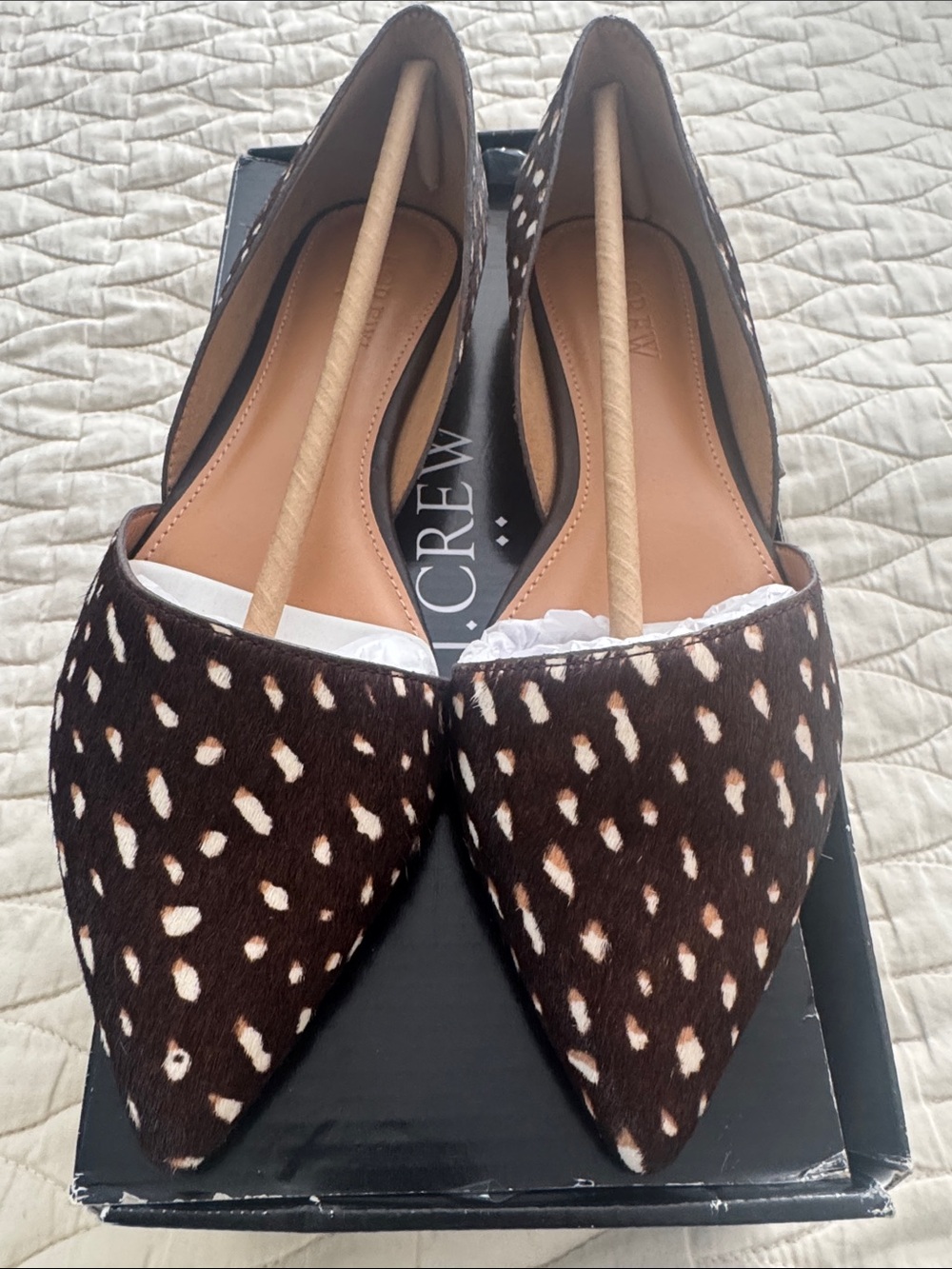 NIB J. Crew Zoe Calf Hair D’Orahay Brown and White Spotted Pointed Toe Flats